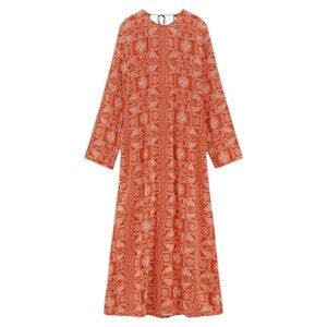 Zara Tunic Maxi Dress All Over Embroidered Pattern Orange‎ Size L